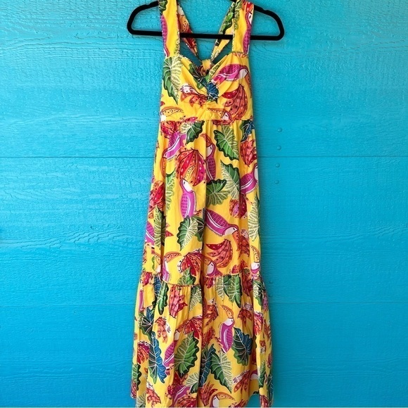 FARM RIO RUFFLE TIERED MAXI DRESS TIE BACK FUN PRINT BIRDS SIZE XS NWT - Picture 6 of 13